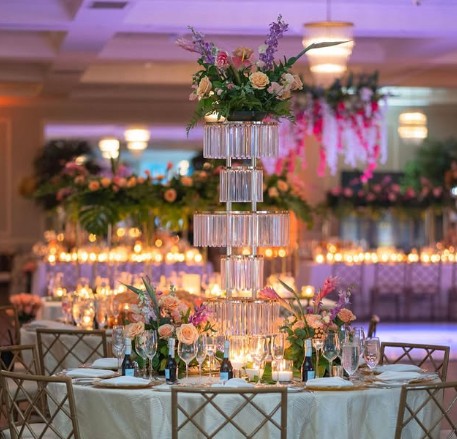 Floral arrangements set up for a wedding event